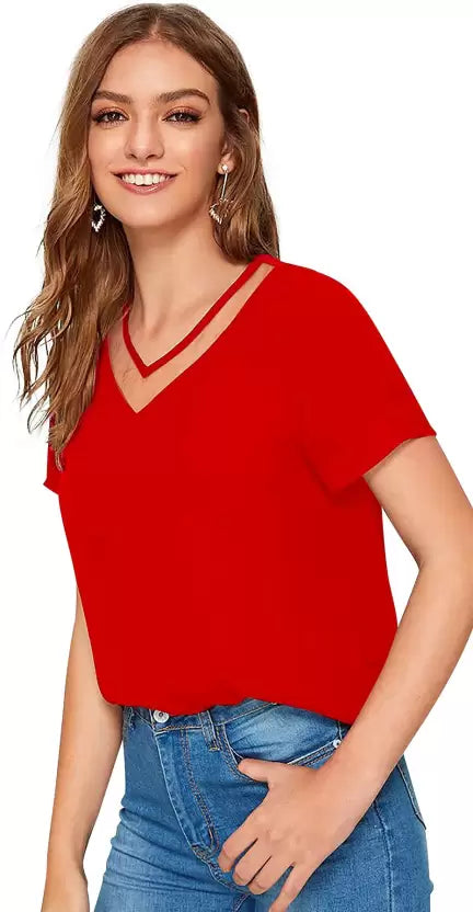 Women Colorblock Round Neck Cotton Blend Red T-Shirt