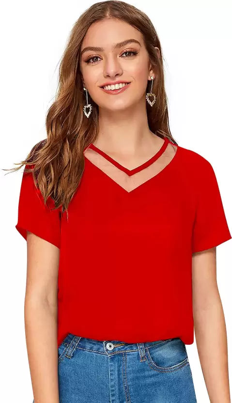 Women Colorblock Round Neck Cotton Blend Red T-Shirt