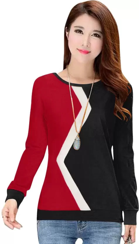 Women And Grils T shirt Round Nack Women Colorblock Round Neck Polyester Red, Black T-Shirt