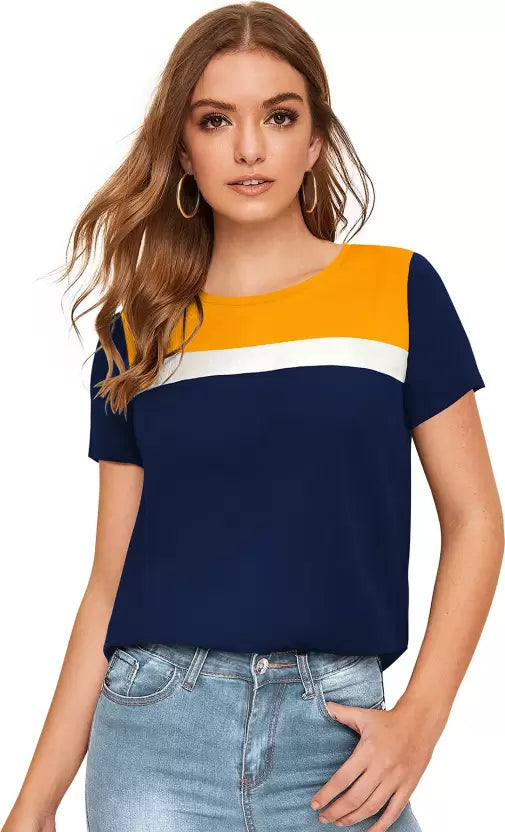 Women Colorblock Round Neck  Cotton Multicolor T-Shirt