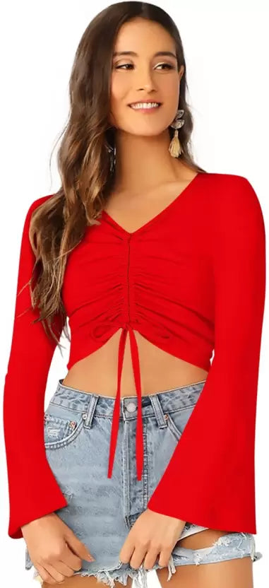 Casual Bell Sleeves Solid Women Red Top