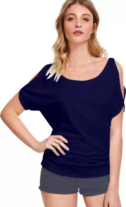 Women Solid Round Neck Polyester Blue T-Shirt