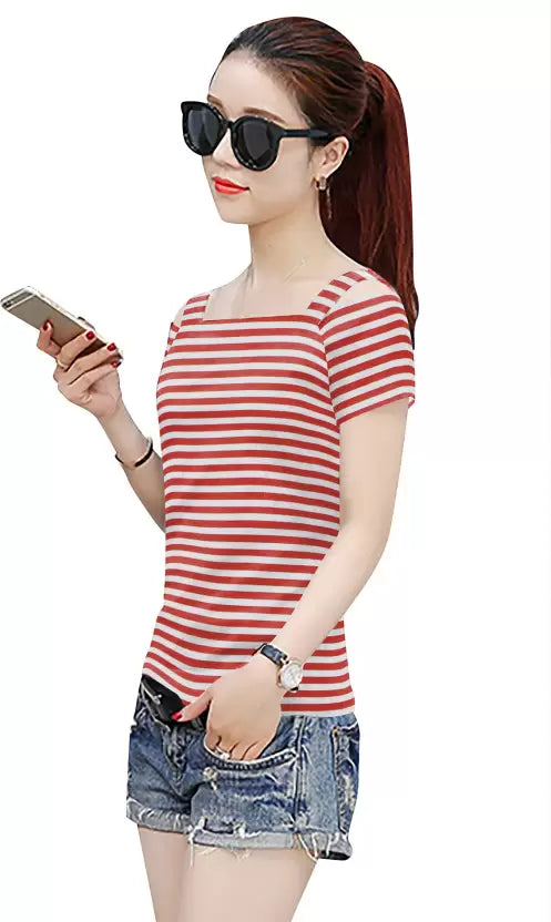 Casual Cold Shoulder Sleeves Striped Women Red Top