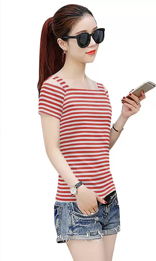 Casual Cold Shoulder Sleeves Striped Women Red Top