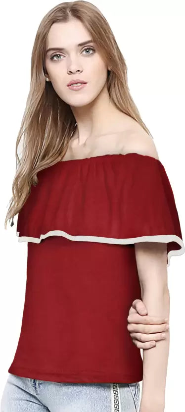 Casual Flared Sleeves Solid Women Maroon Top