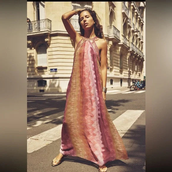 Kate Tie-Dye Maxi Dress With Sequins Round Neck