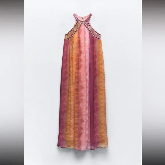 Kate Tie-Dye Maxi Dress With Sequins Round Neck
