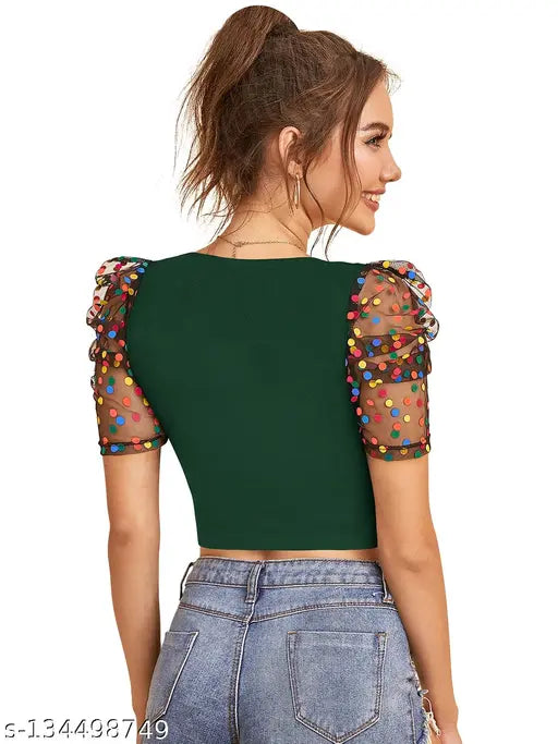 Green Short Sleeve Solid Crop Top For Girls & Women's