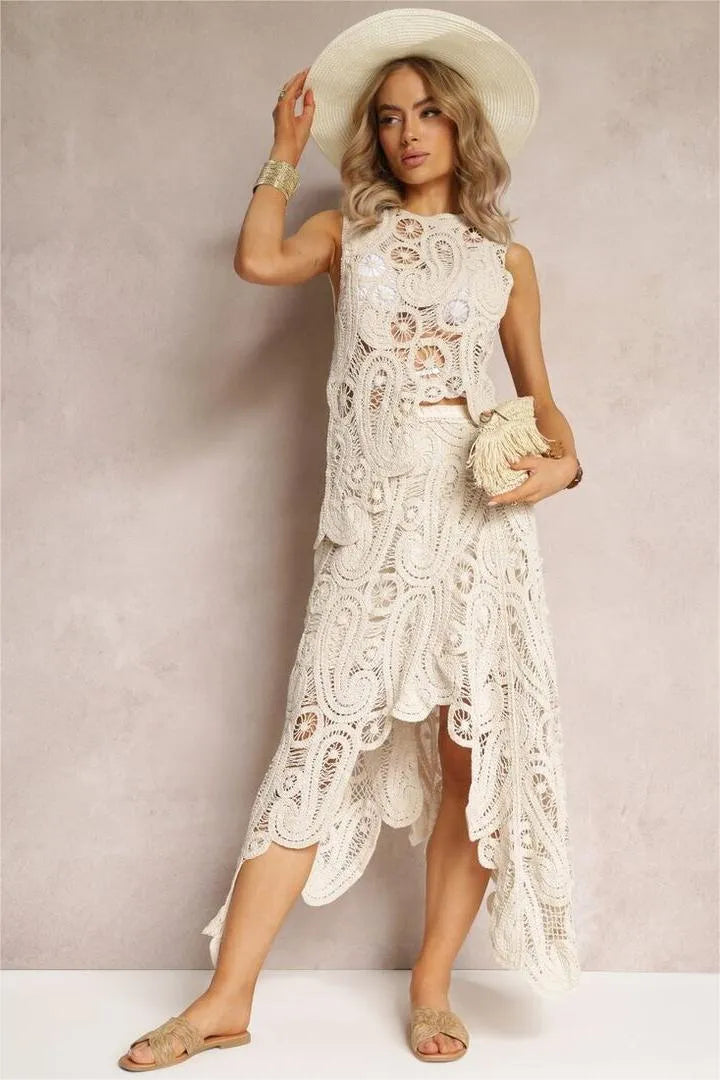 Asymmetric Crochet Beach Top & Skirt Coord Set