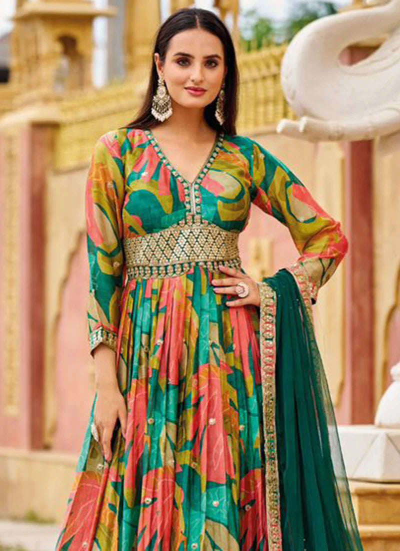 Chinon Sequins Digital Print Anarkali Suit