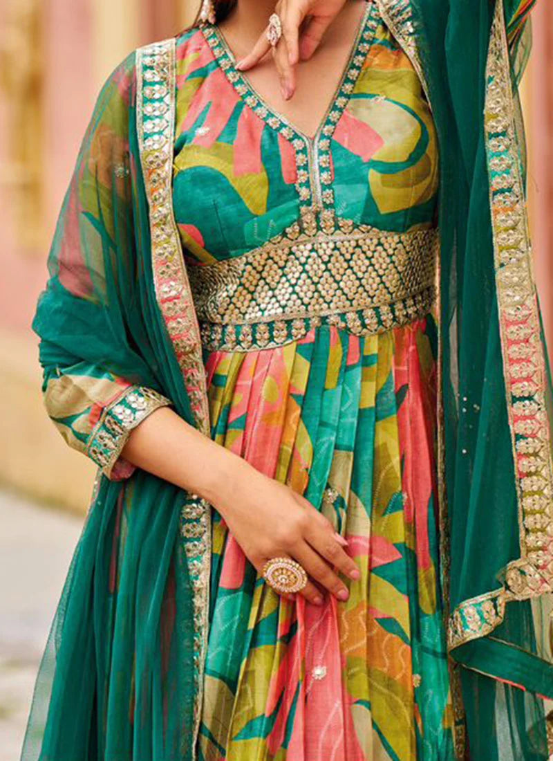 Chinon Sequins Digital Print Anarkali Suit