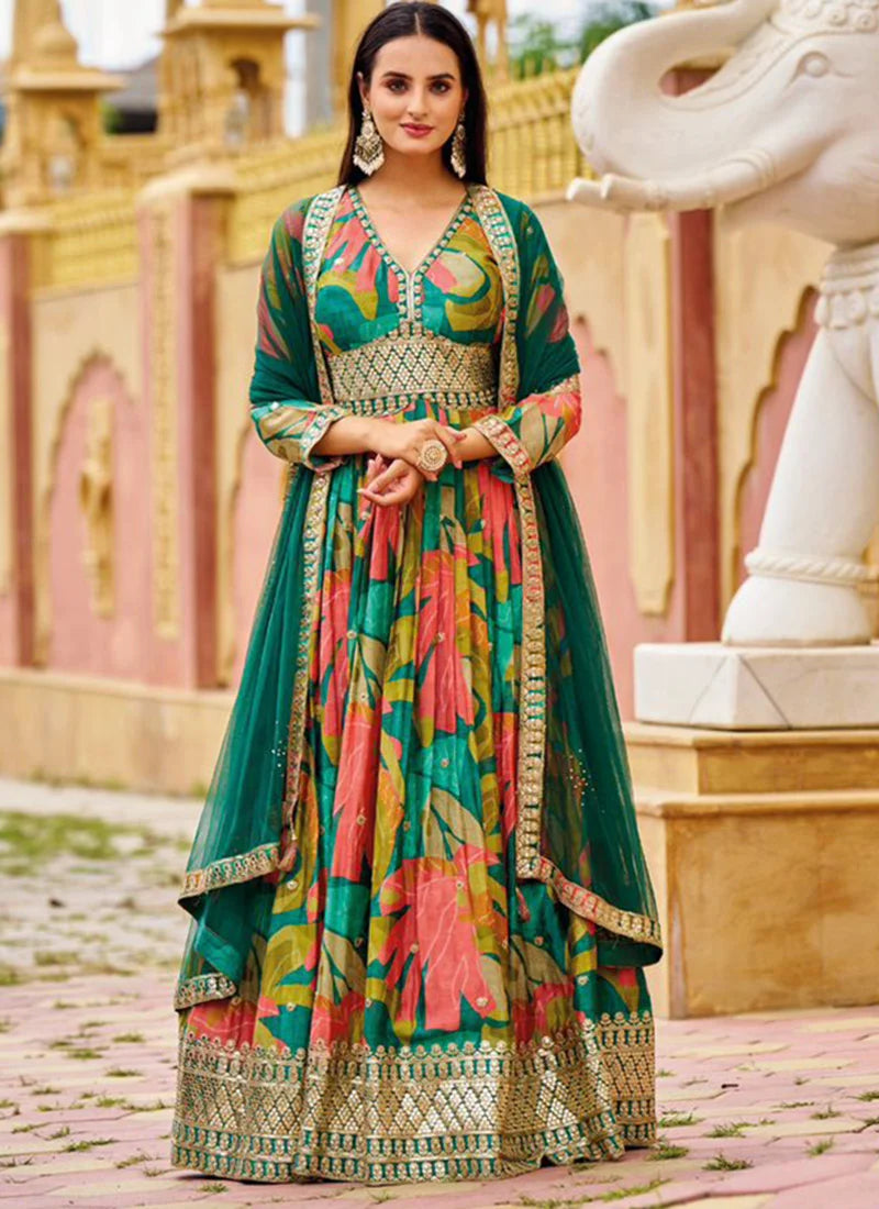 Chinon Sequins Digital Print Anarkali Suit