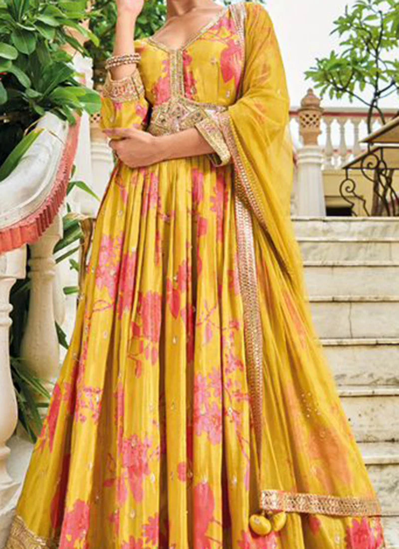 Chinon Sequins Digital Print Anarkali Suit