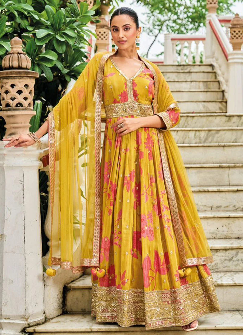 Chinon Sequins Digital Print Anarkali Suit