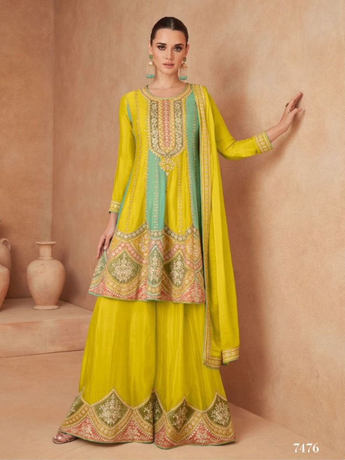 Mustard Yellow Real Chinon Embroidered Palazzo Suit