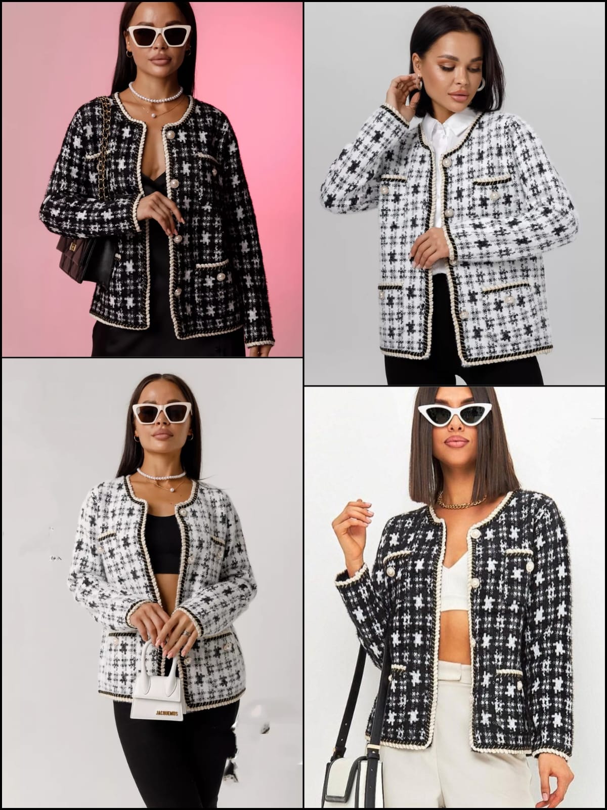 Tweed Jacket With Round Neck for Women with Pockets - Black and White