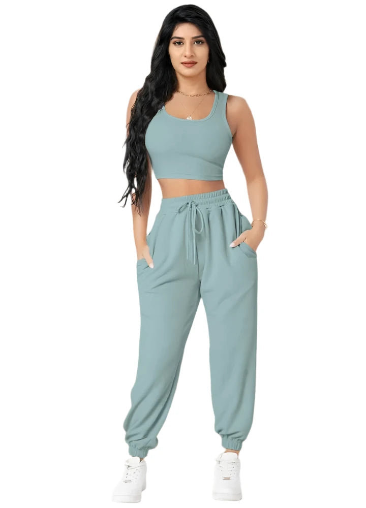 Polyester Sleeveless Crop Top & Pant