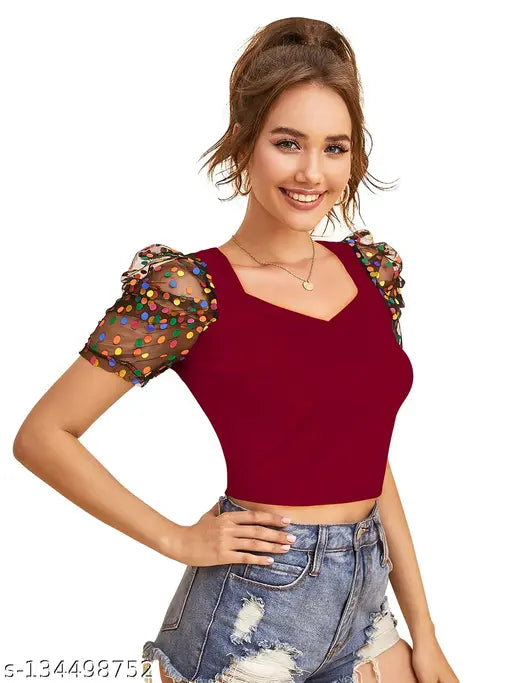 MAROON Short Sleeve Solid Crop Top For Girls & Women's