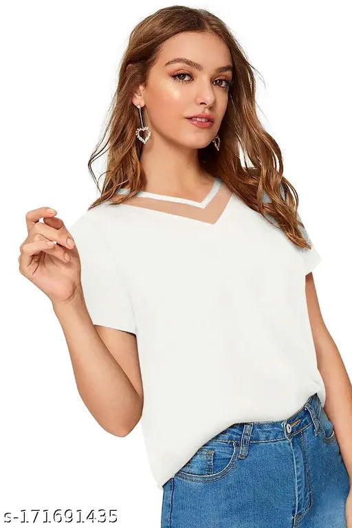 casual v neck & half sleeve white top