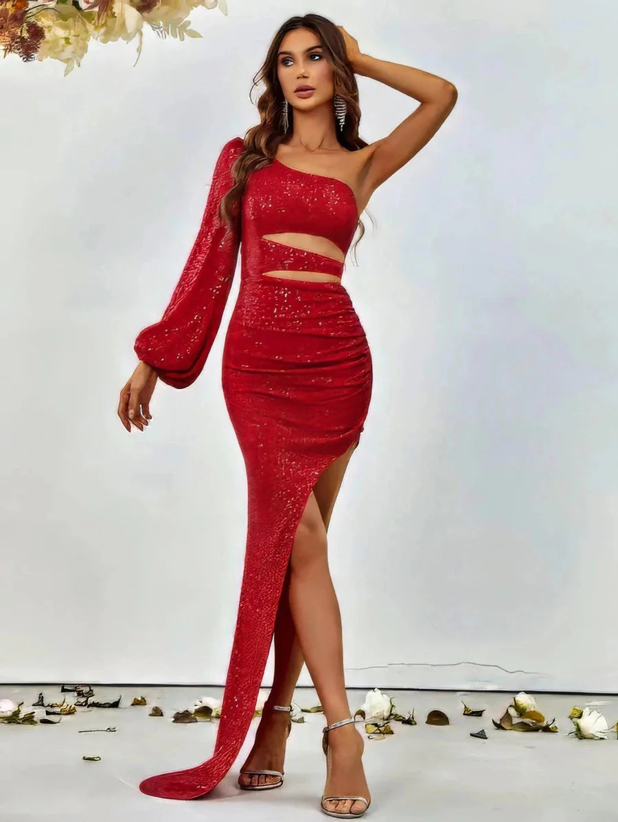 Radiant Asymmetry One-Shoulder Red Sequin Dress with Lantern Sleeve