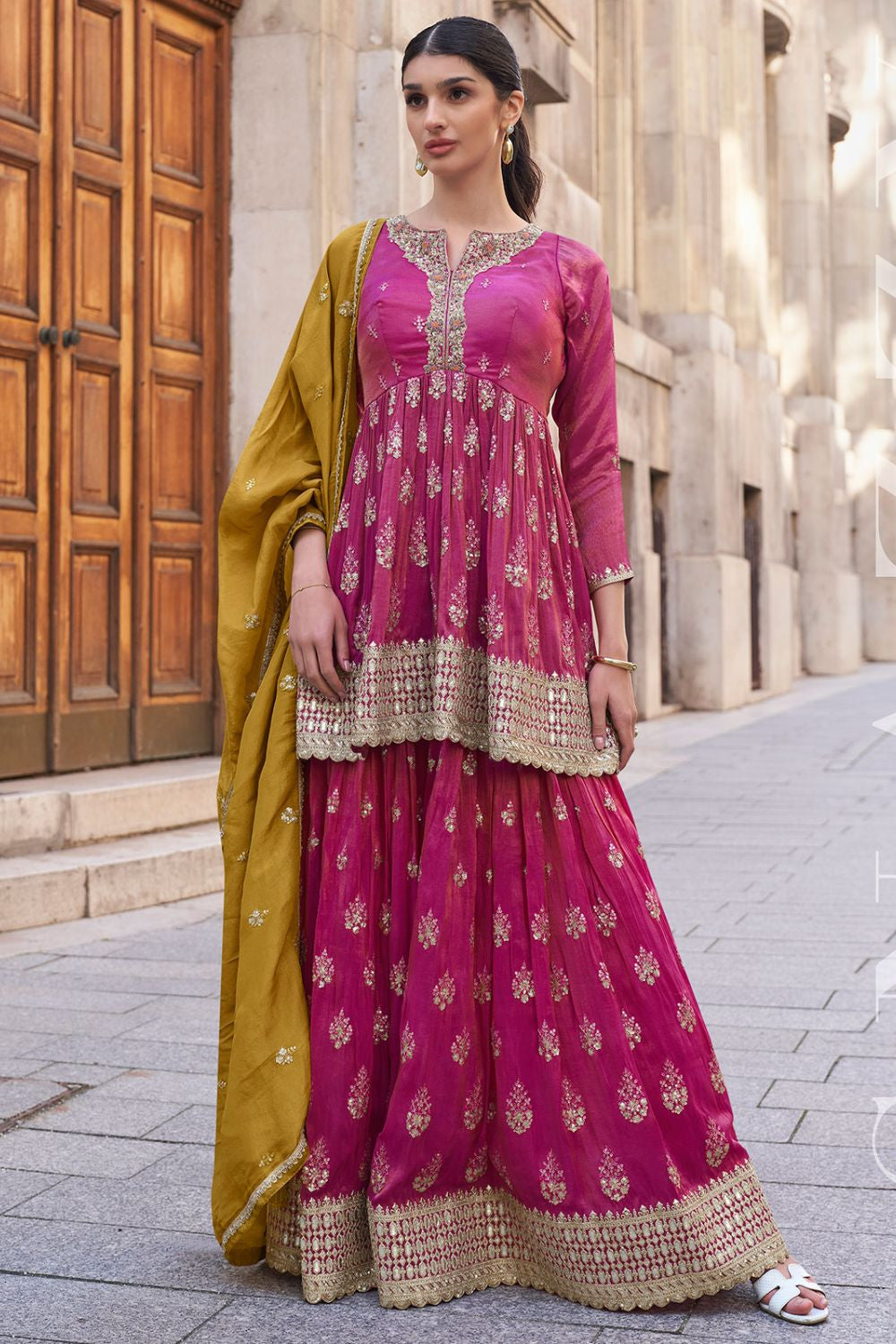 Rani Pink Embroidered Shimmer Designer Sarara Kameez