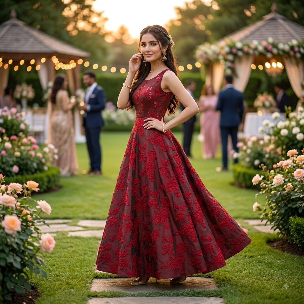 Crimson Floral Jacquard Ankle-Length Anarkali Gown