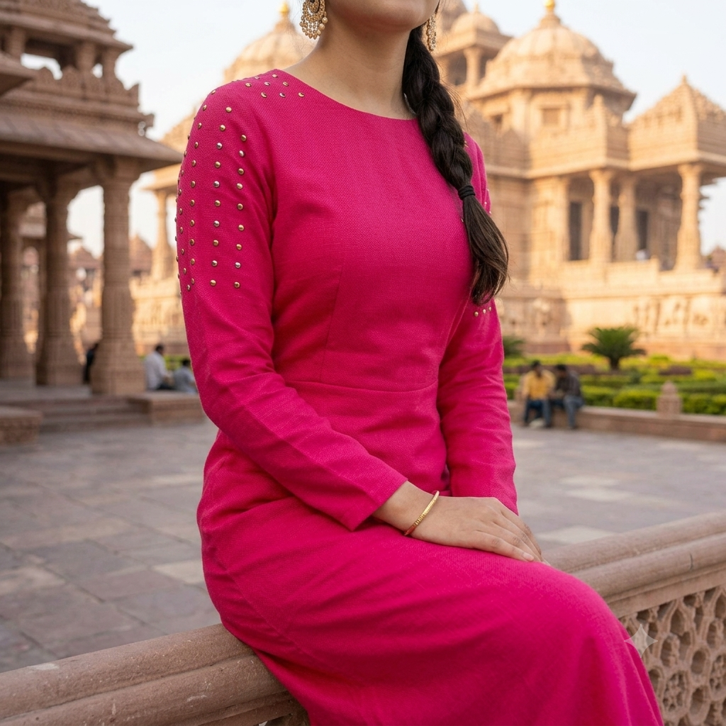 Fuchsia Pink Studded Shoulder A-Line Kurti Dress