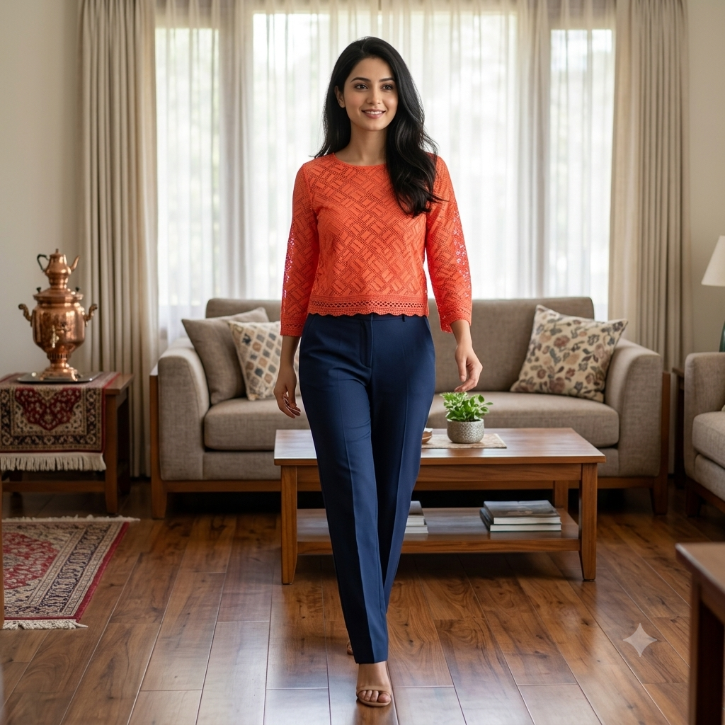 Tangerine Geometric Schiffli Lace Short Sleeve Top