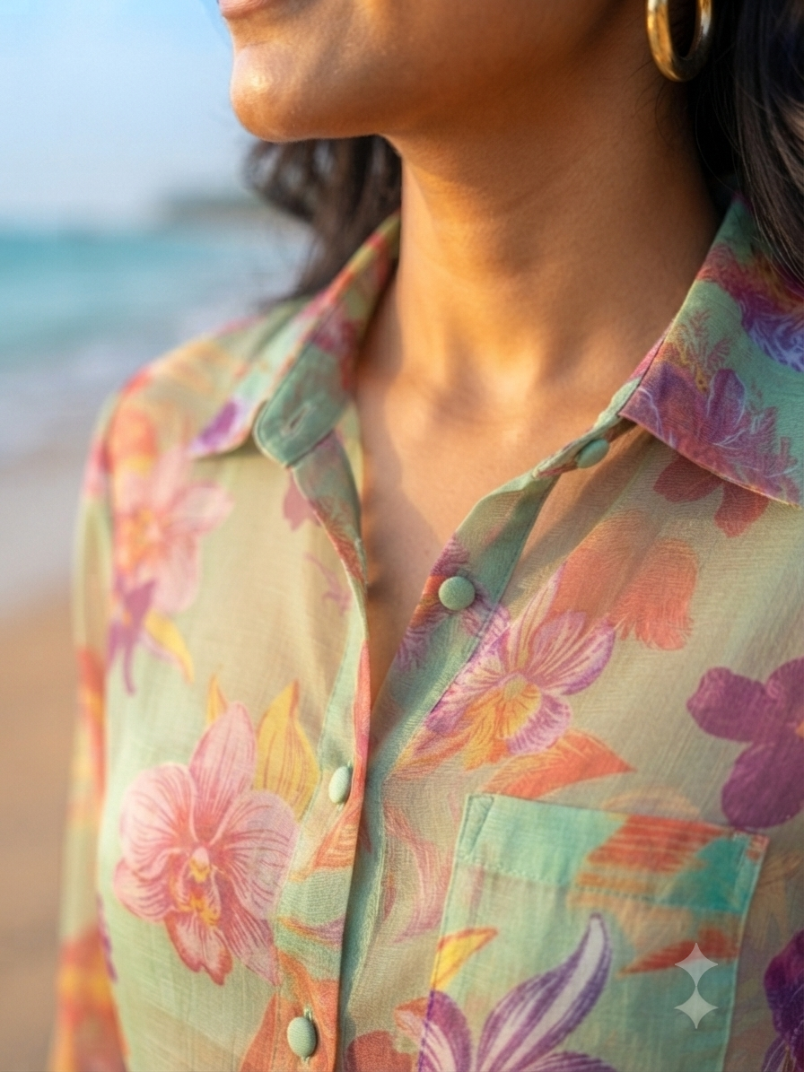 Tropical Blossom Sheer Long-Sleeve Shirt
