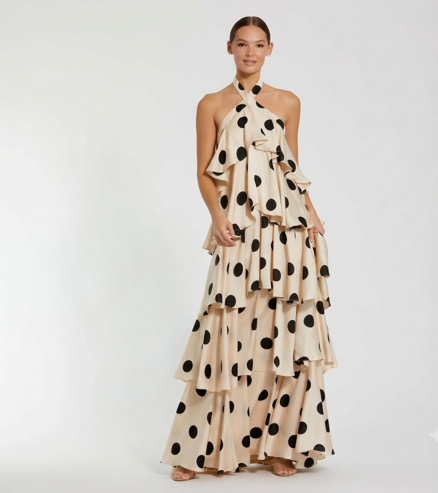 Cathy Parisian Polka Halter Tiered Maxi Dress