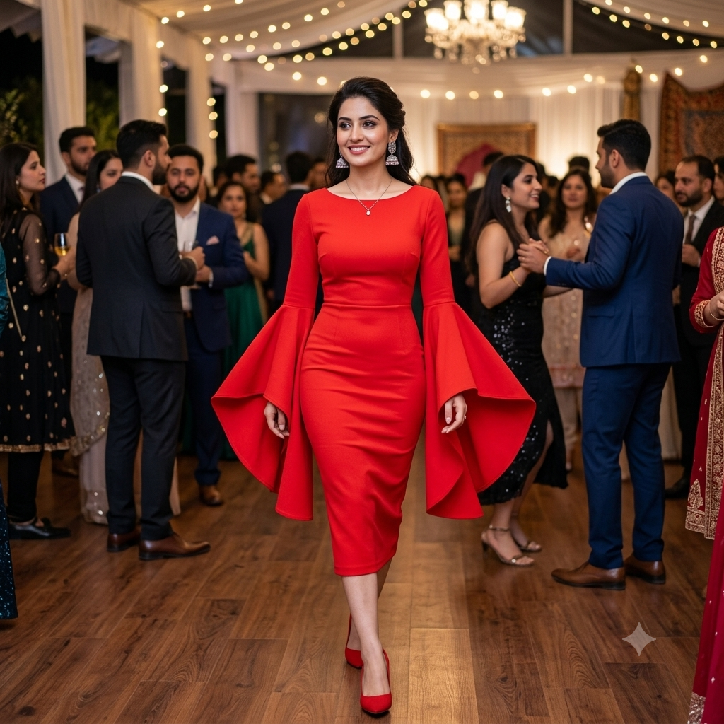 Crimson Bell-Sleeve Bodycon Midi Dress