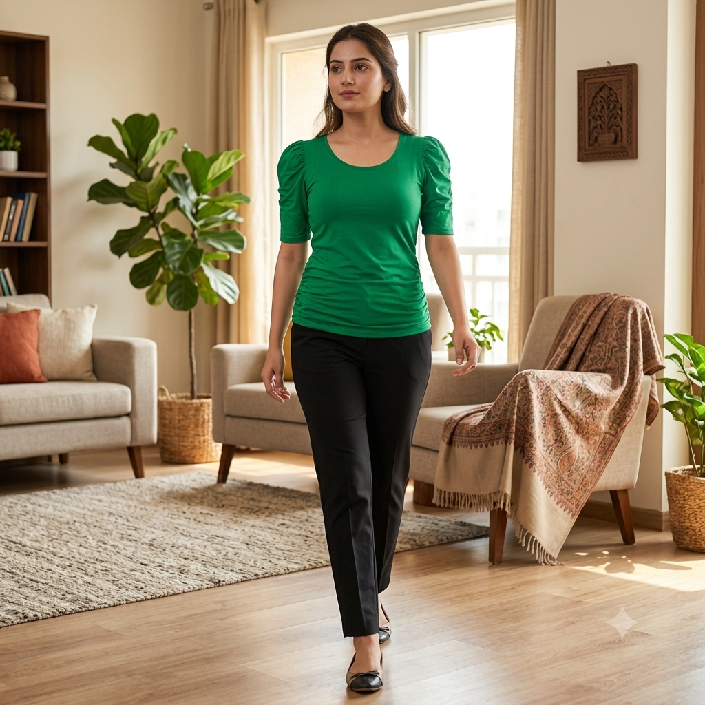 Emerald Green Gathered Puff-Sleeve Top