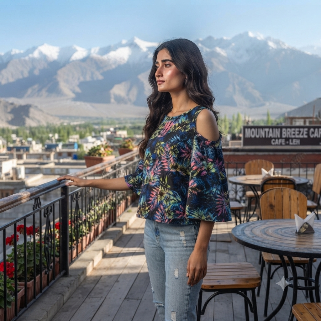 Tropical Leaf Print Cold Should Top