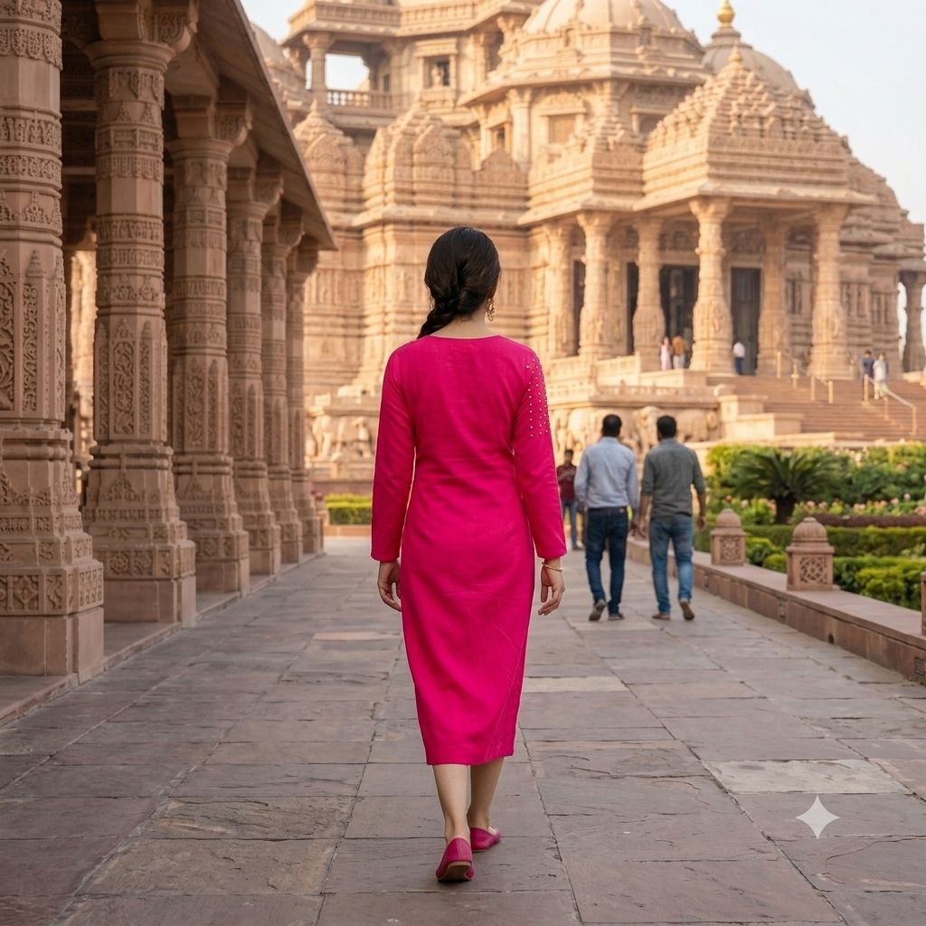 Fuchsia Pink Studded Shoulder A-Line Kurti Dress