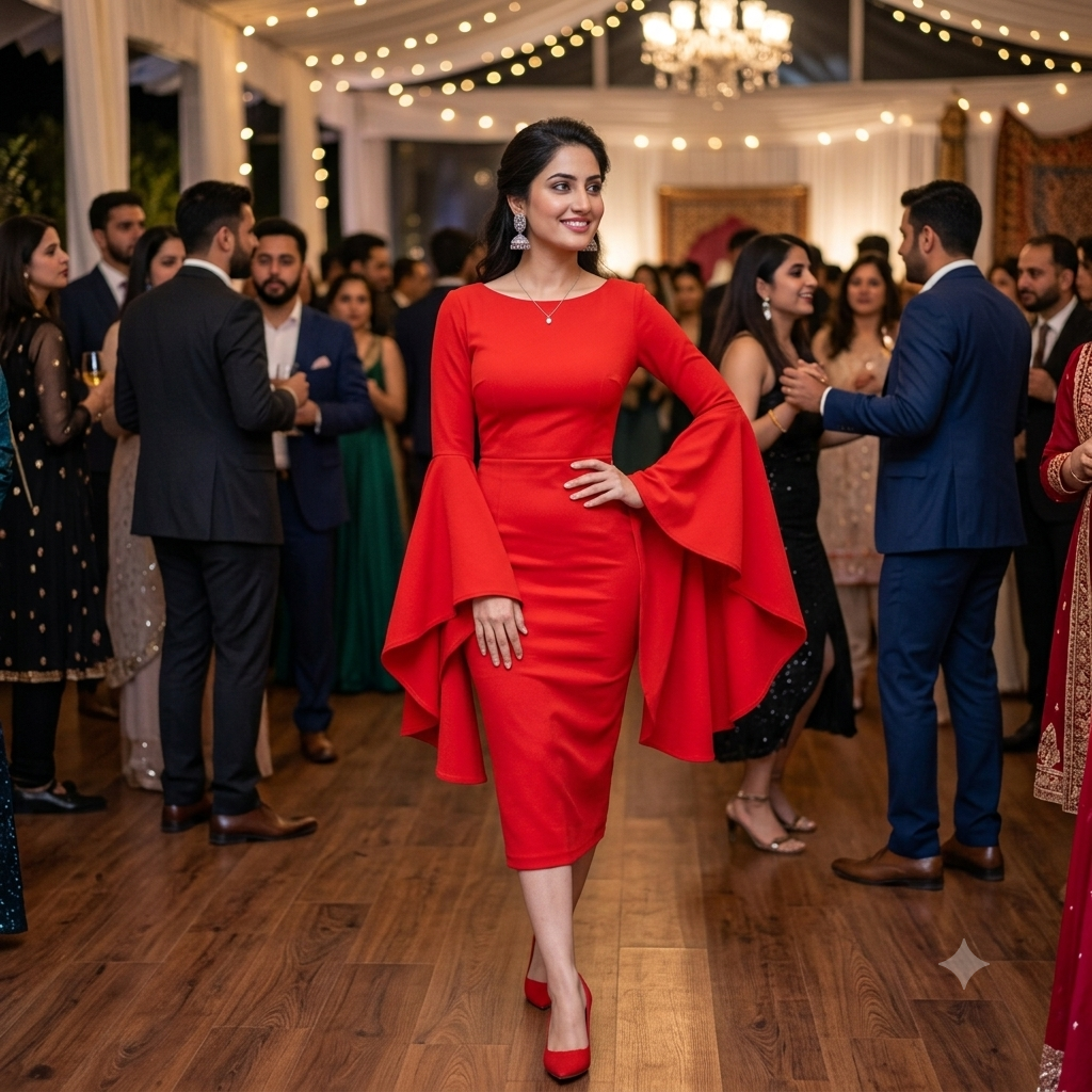 Crimson Bell-Sleeve Bodycon Midi Dress