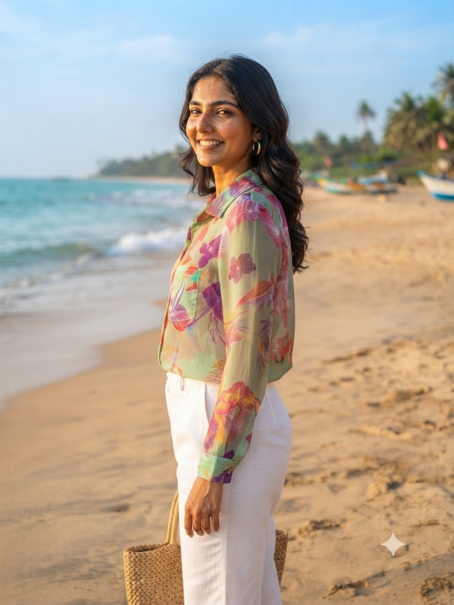 Tropical Blossom Sheer Long-Sleeve Shirt