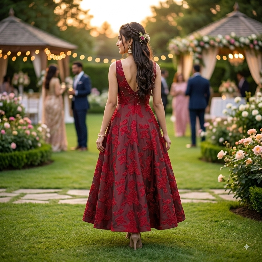 Crimson Floral Jacquard Ankle-Length Anarkali Gown