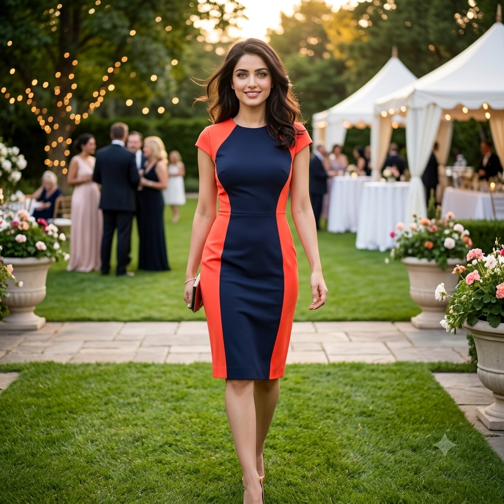 Dual-Tone Colorblock Sheath Dress in Navy & Coral