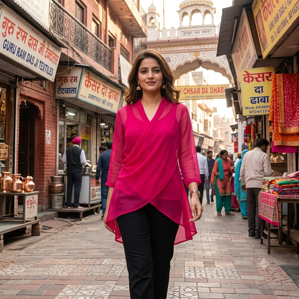 Vibrant Magenta Asymmetric Georgette Sheer Tunic