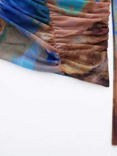 Tropical Print One Shoulder Ruched Mesh Top & Skirt Coord Set