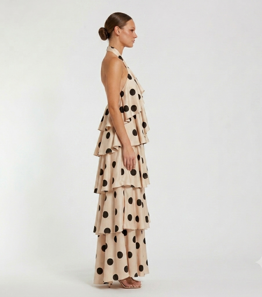 Cathy Parisian Polka Halter Tiered Maxi Dress