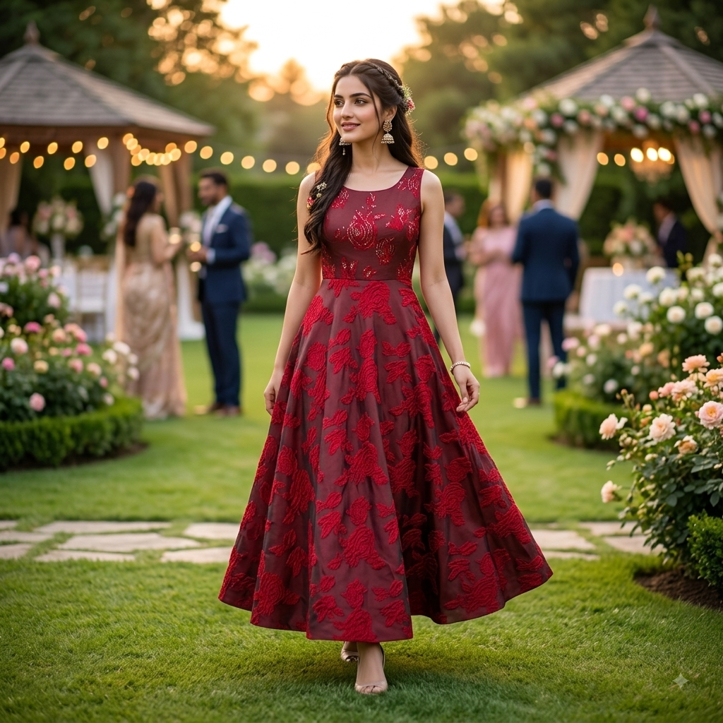Crimson Floral Jacquard Ankle-Length Anarkali Gown
