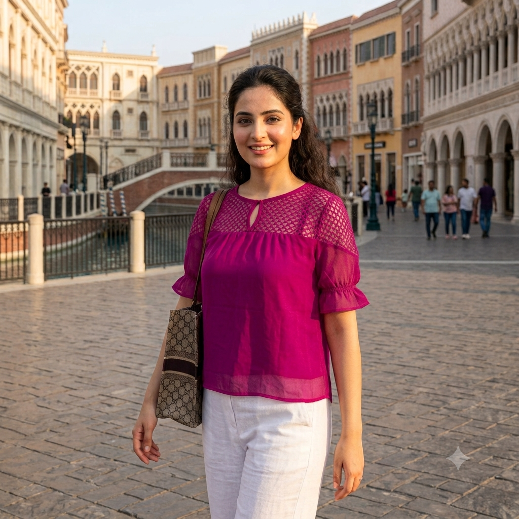Magenta Geo-Mesh Yoke Short-Sleeve Top