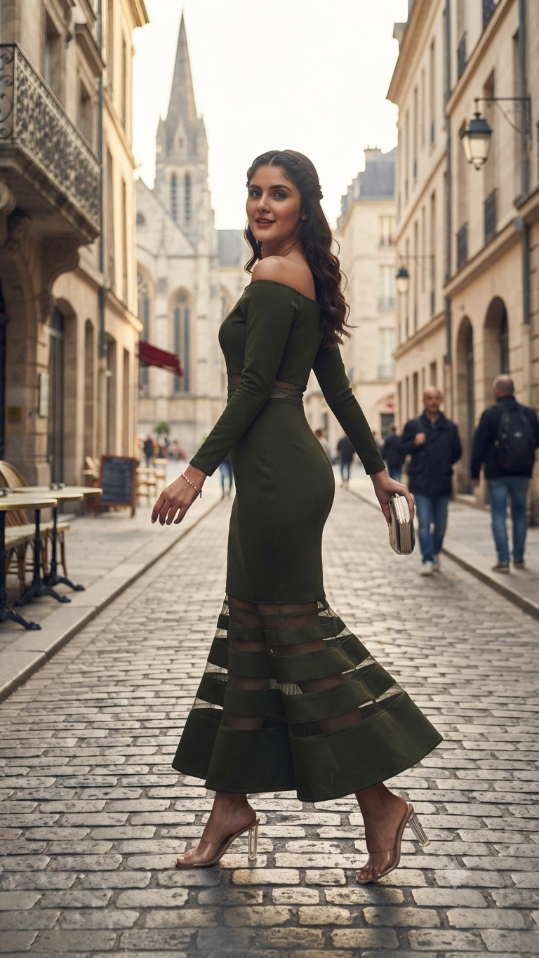 Olive Elegance Off-Shoulder Midi Dress