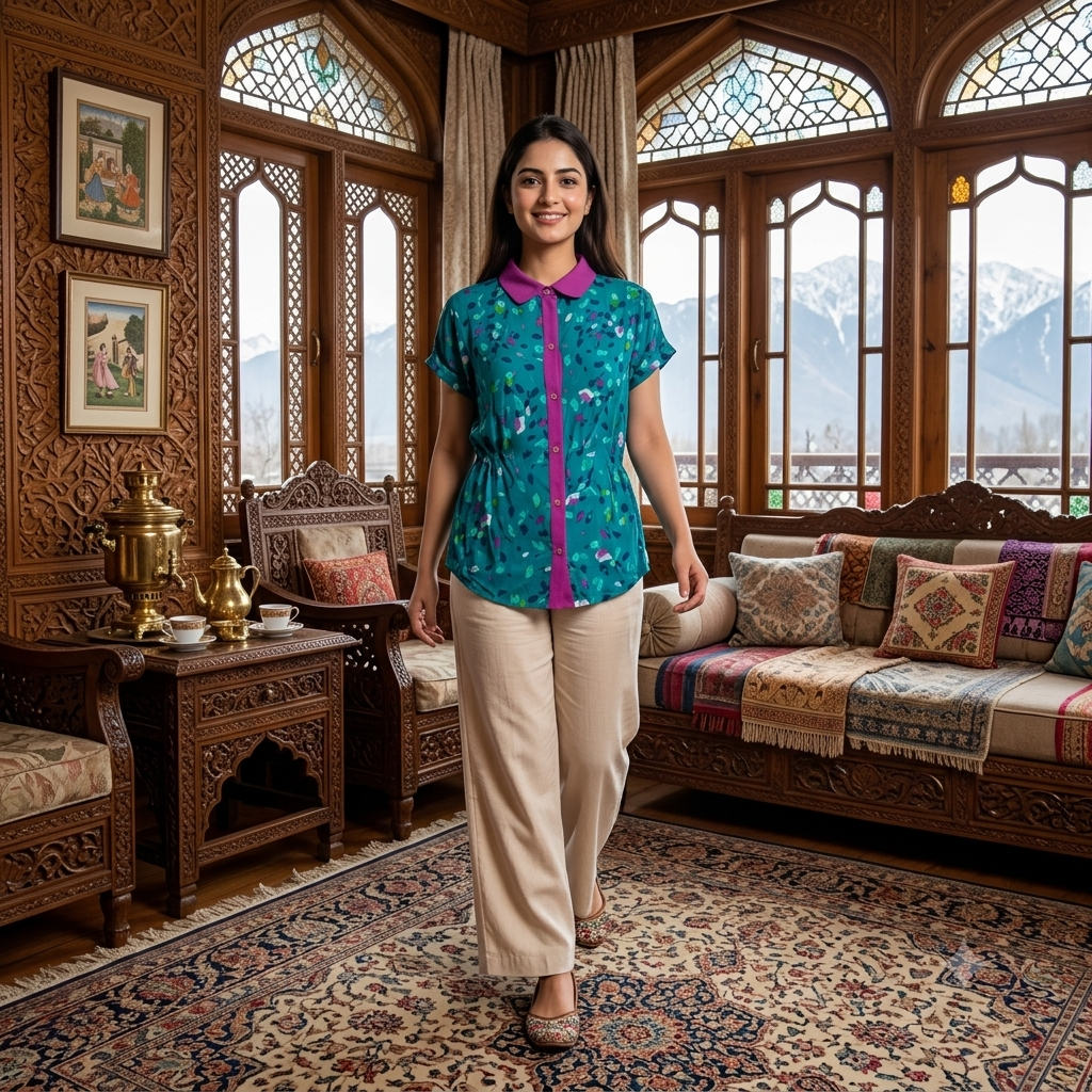 Abstract Printed Button-Front Top with Contrast Collar & Placket