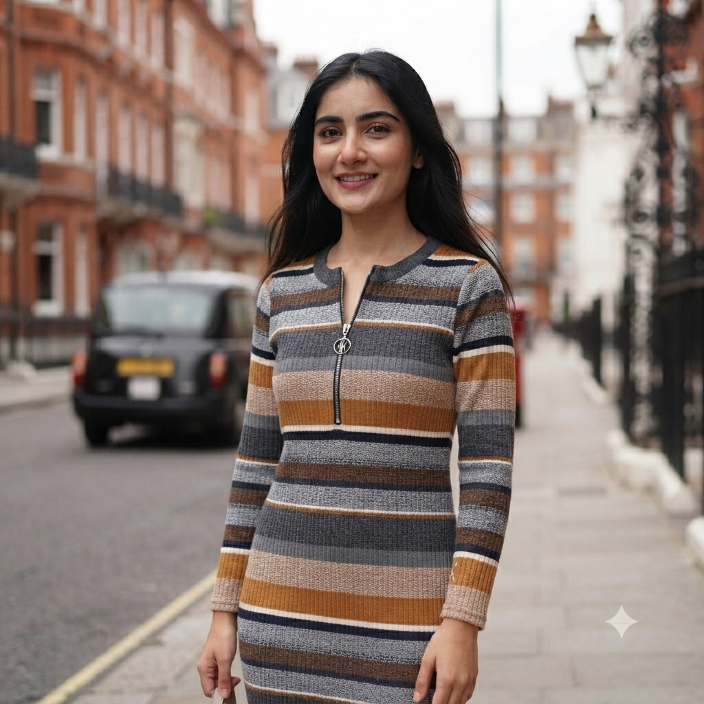 Chic Multi-Stripe Quarter-Zip Midi Dress