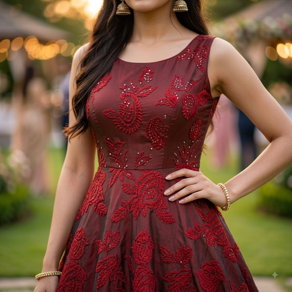 Crimson Floral Jacquard Ankle-Length Anarkali Gown
