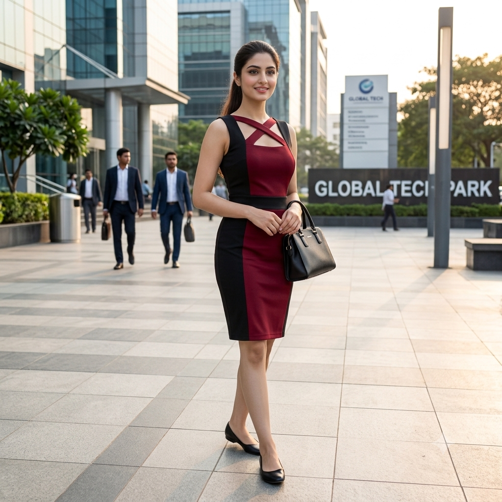 Executive Chic Criss-Cross Colorblock Midi Dress