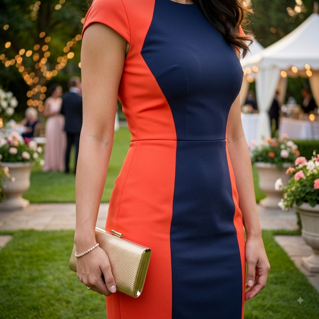 Dual-Tone Colorblock Sheath Dress in Navy & Coral