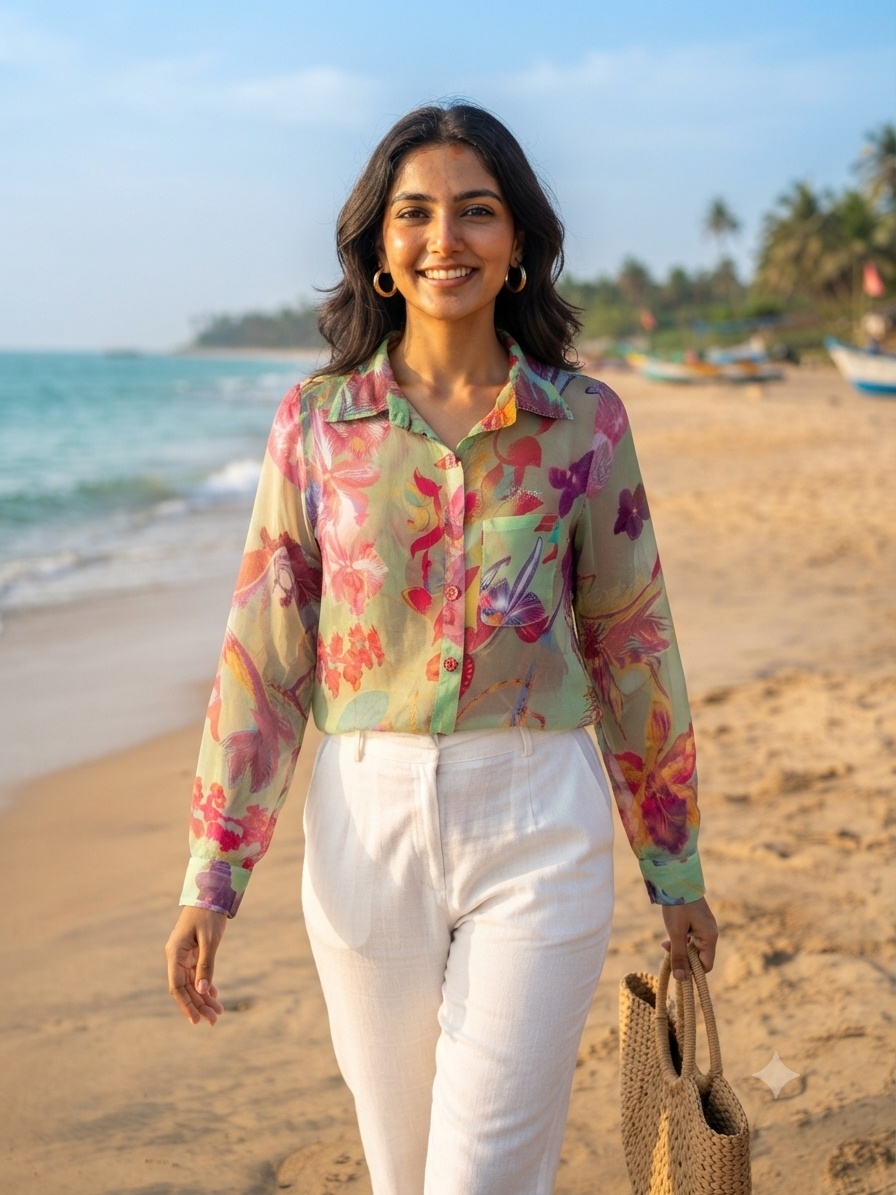 Tropical Blossom Sheer Long-Sleeve Shirt